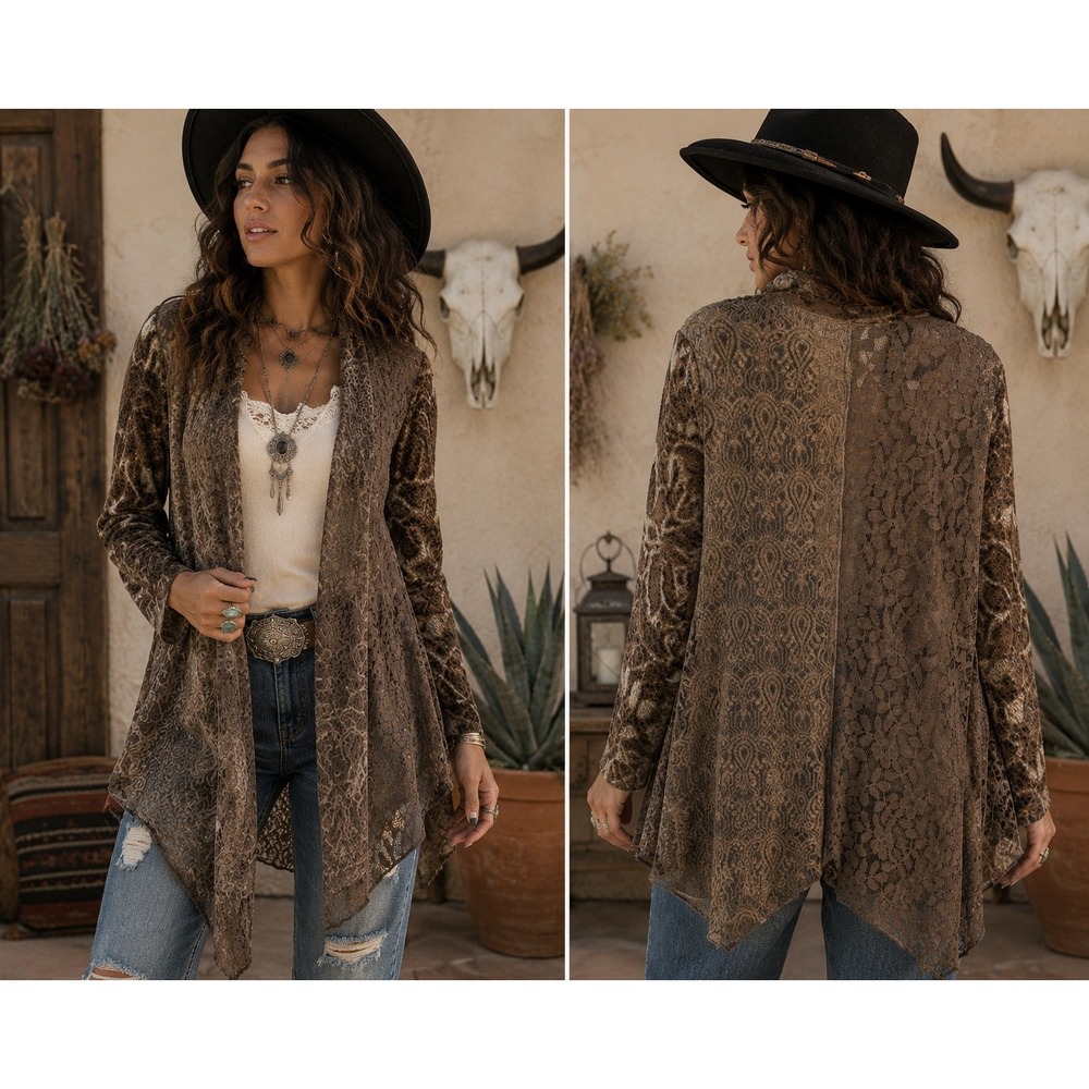 Boho Western Rodeo Cowgirl Brown Mixed Lace Leopard Open M Cardigan Sweater